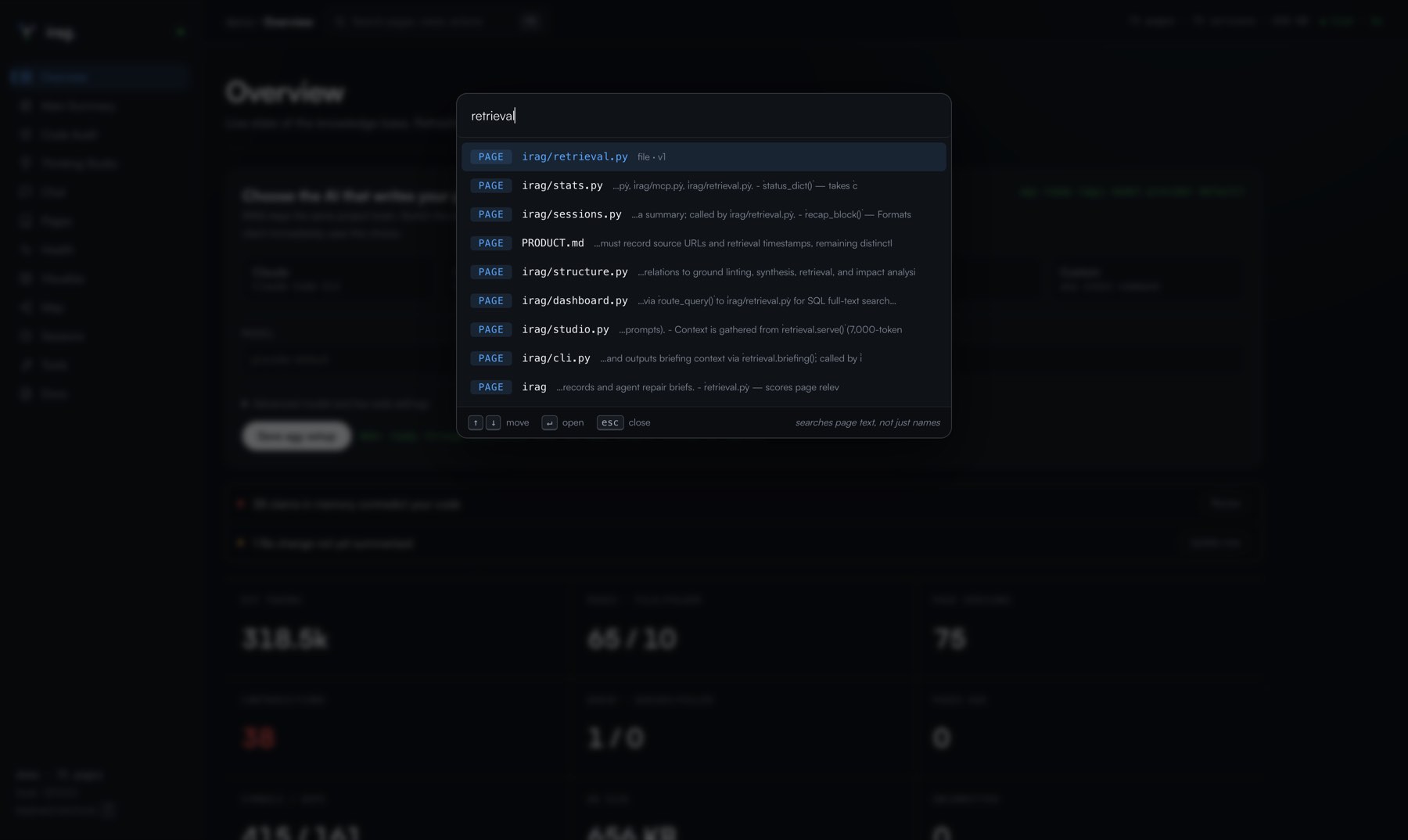 Command palette searching page text