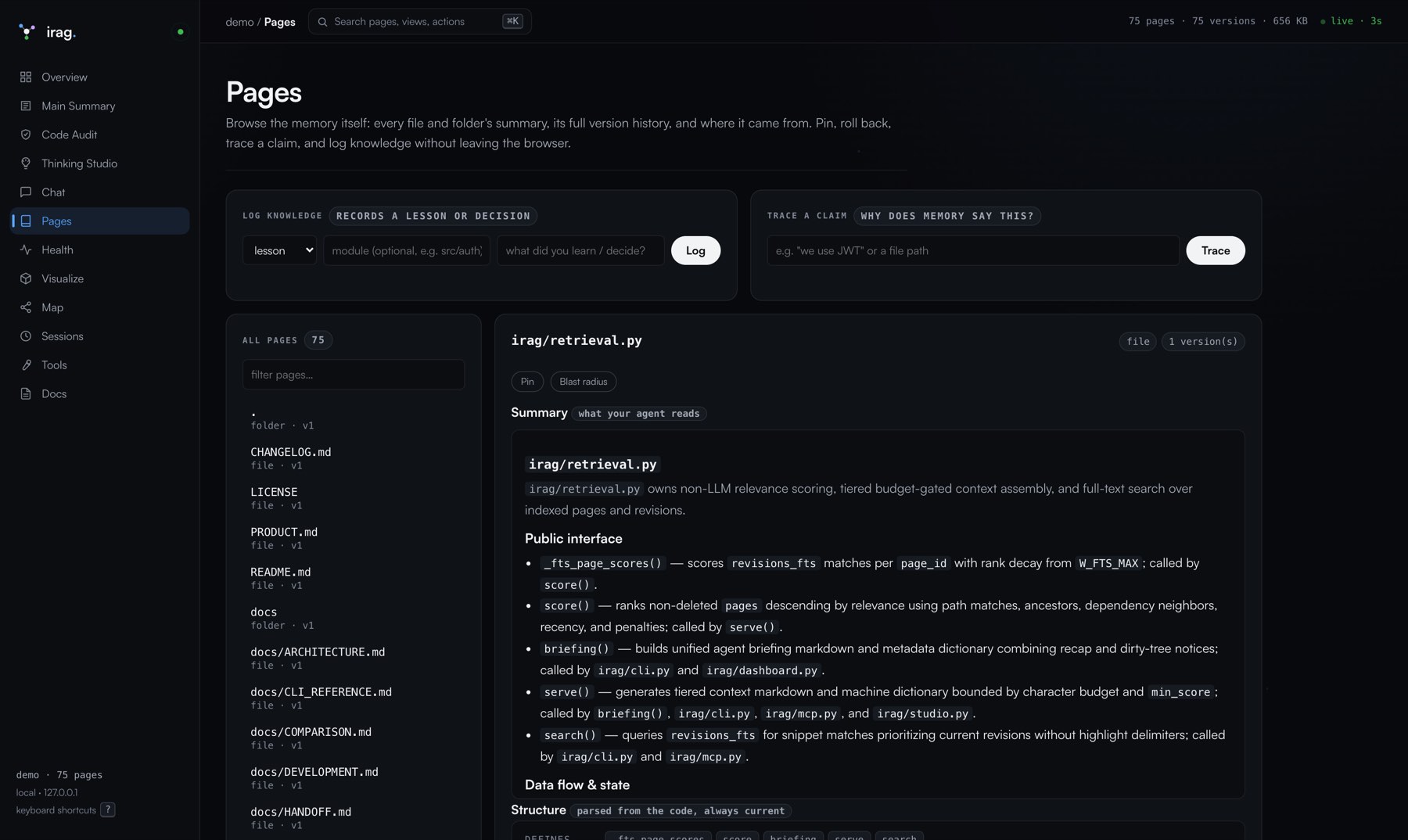 One page: summary, structure and history